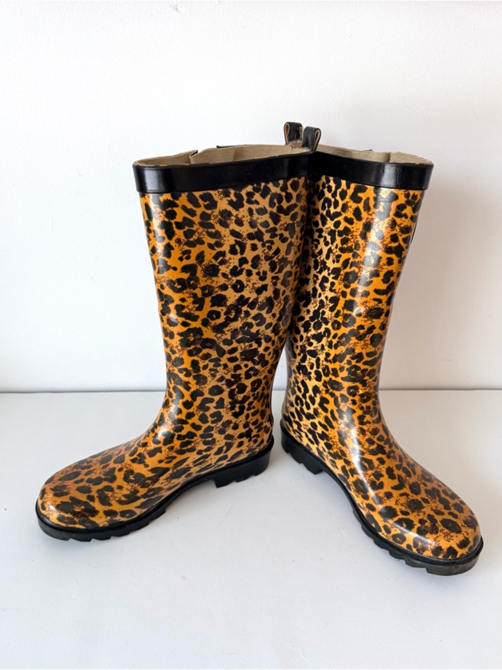 Capelli New York Ladies Shiny Leopard Print Tall Rain Boots Adjustable Calf 6 - Picture 8 of 11